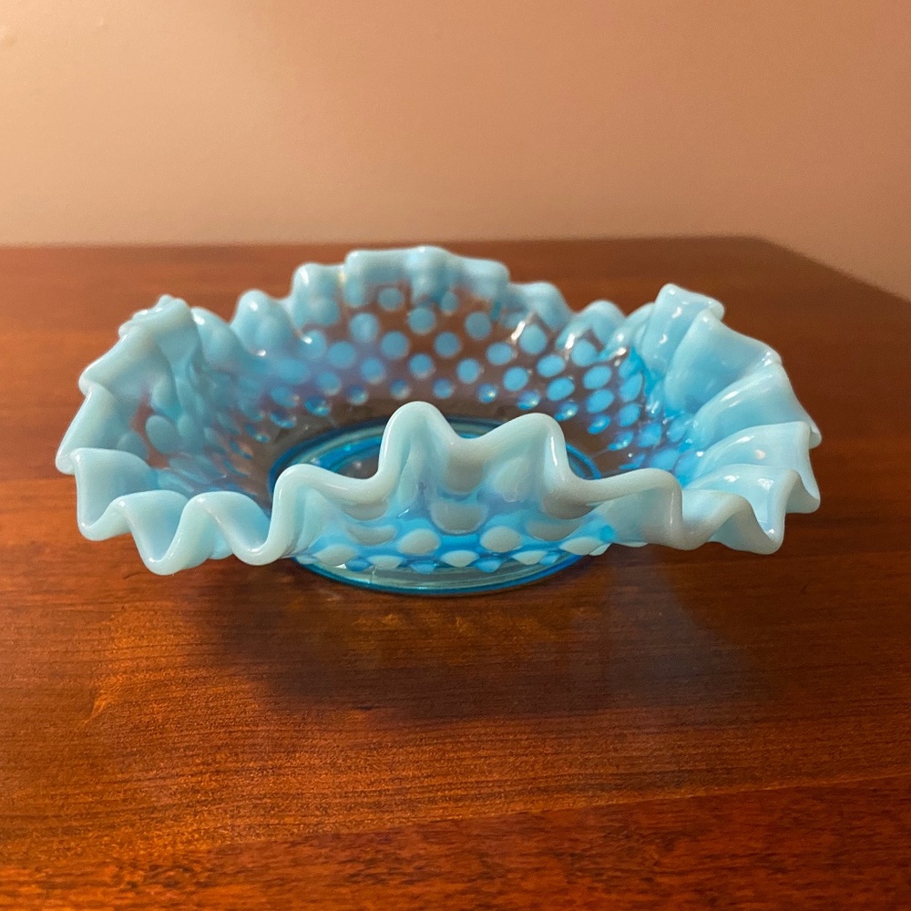 Fenton Opalescent Blue Hobnail Ruffled Candy Dish; 1940s; Perfect